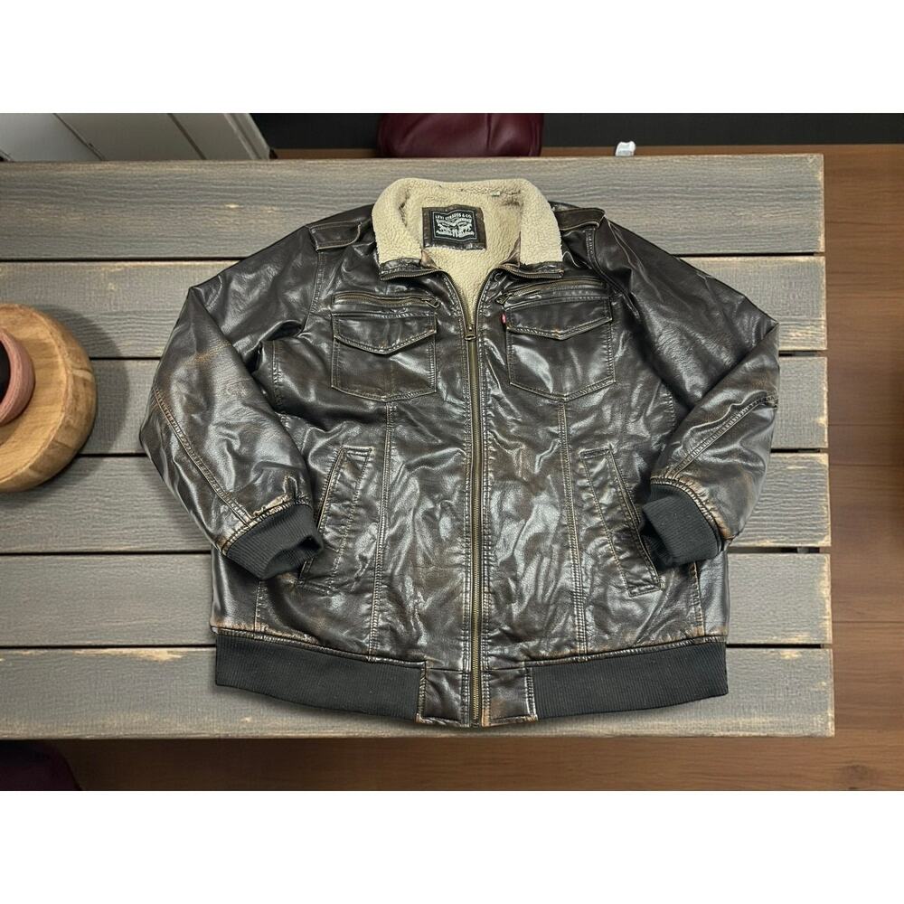Levi’s Faux Leather Sherpa Lined Bomber Jacket Men’s XLT Brown Zip Front